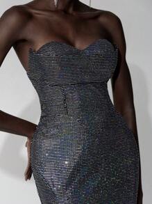 SHEIN Belle Elegant Black & Champagne Ombre Strapless Mermaid Tail High Slit Side Evening Gown With, Party Dress, Wedding Guest Dress, Formal Dress, Evening Dress - Silver - View 2