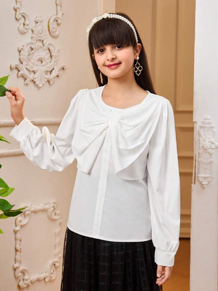 SHEIN Blus Kasual Elegan Lengan Mengembang dengan Hiasan Pita untuk Anak Perempuan, Musim Semi/Panas - Putih - View 3