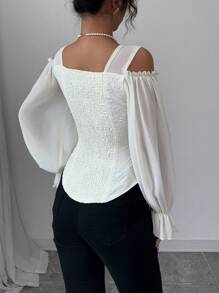 Elenzga Women's Open Shoulder Floral Jacquard Fashion Design Long Sleeve Blouse - Apricot - View 2