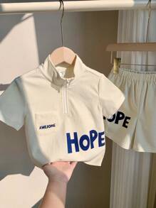 SHEIN 男童休闲字母印花短袖 T 恤和短裤两件套服装，时尚实用风格，适合儿童服装、男童服装、返校、生日派对、日常穿着、上学、旅行、运动、春夏季 - 白色 - 查看 5