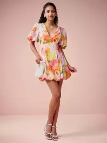 Enchnt Vestidos cortos de mujer con estampado floral, escote en V, mangas abultadas e imitación de lino, románticos y elegantes para el Día de San Valentín, vacaciones, citas dulces y uso diario - Naranja - Ver 2