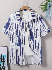 男士时尚休闲翻领短袖泼墨印花度假衬衫 - 寶藍色 - 查看 1