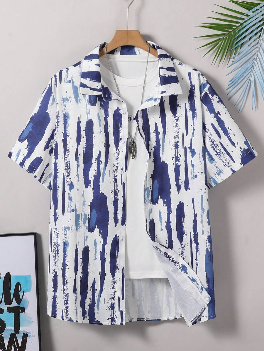 男士时尚休闲翻领短袖泼墨印花度假衬衫 - 寶藍色 - 查看 1
