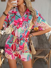 Breezaya 女士休闲短袖热带植物印花连体裤 - 彩色 - 查看 5