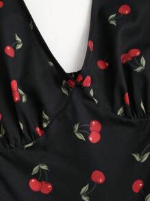 Sweetra 夏季新款可爱樱桃印花露背深 V 领系带女式连体裤 - 黑色 - 查看 3