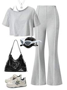 SHEIN 2pcs Set Teen Girls Fashionable Street Style Simple Elegant Comfortable Asymmetrical Shoulder Short Sleeve Crop Top And Casual Pants, Suitable For Casual Outings