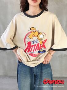 Garfield | FRIFUL 女士圆领撞色拼接宽松T恤，适合夏季户外穿着 - 杏色 - 查看 3