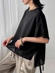 FRIFUL Women's Black Loose Drop Shoulder Shirt, Business Casual Summer - Black - View 7