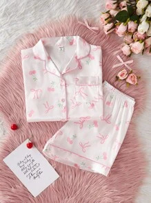 2pcs/Set Teen Girls Casual Cherry & Bow Print Polo Collar Short Sleeve Top With Shorts Loungewear Set, Comfortable