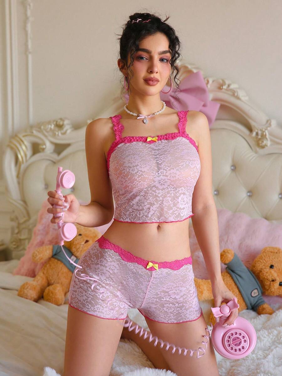 SHEIN 2 件套花卉蕾丝双色蝴蝶结透明性感内衣套装，粉色 - 粉色 - 查看 1