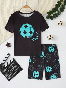 2 件套青少年男孩黑色简约足球印花短袖衬衫和短裤套装，舒适贴身家居服 - 彩色 - 查看 7