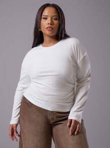 MUSERA Plus Ruched Fitted Long Sleeve Longline Top For Everyday, Casual, Break, Classy - White - View 1