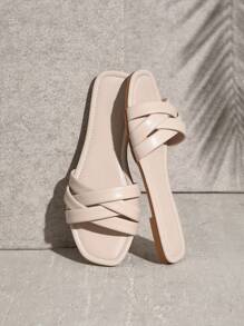 SHUZIA 時尚戶外平底拖鞋適用於女士交叉素色人造皮革露趾涼拖