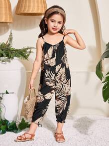 SHEIN Young Girl Woven Tropical Print Jumpsuit,Kids - Black - View 2