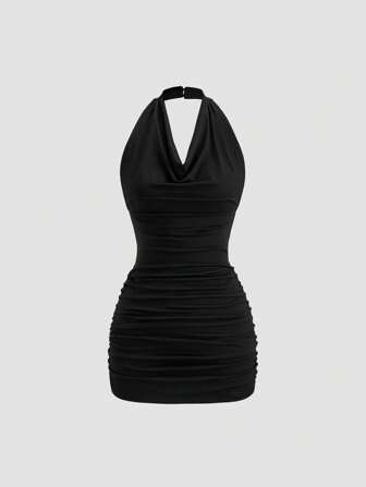 Sweetra Schwarzes körperbetontes Minikleid mit tiefem Ausschnitt, Rückenbindung und offenem Rücken ohne Ärmel