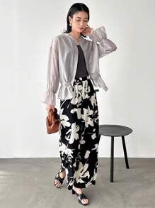 FRIFUL Women's Loose Gray Sheer Blouse Casual Wear Top, Spring,Ruffle - Grey - View 2