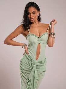SHEIN BAE Women 2 Pieces Swimwear Set, Hollow Out Backless Bandage Bodycon One-Piece Swimwear+ Ruched Skirt, For Summer Beach Vacation/Country Concert Outfit - Green - View 7