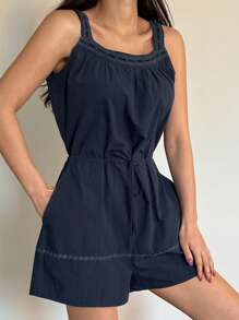 DAZY 蕾丝拼接束腰短款连体裤女士家居服睡衣 - 藏蓝色 - 查看 3