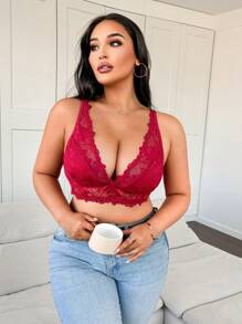 Plus Size Elegant Lace Patchwork Wireless Lingerie Bra