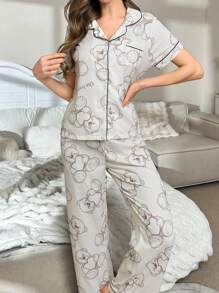 Bubble Print Bear Decor Lapel Short Sleeve & Pants Women Pajama Set - Apricot - View 4