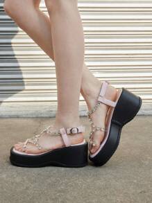 Sugerpunk Różowe sandały dla kobiet, letnie sandały z odkrytymi palcami i skrzyżowanymi paskami, błyszczące buty wizytowe z kryształkami, przezroczyste sandały na platformie z kryształkami