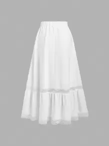 Lunelith SHEIN Lunessa White Elegant Natural Glossy Satin Contrast Lace Elastic Waist Maxi Skirt, Slimming