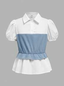 SHEIN Leap Crew Tween Girls 蓝白拼接衬衫，带荷叶边饰边，喇叭裤 2 件套，优雅通勤复古休闲装