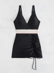 SHEIN Swim 女士 Springbreak 黑色 V 领吊带连体泳衣，带抽绳，适合夏季海滩节波西米亚风 - 黑色 - 查看 5