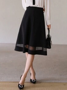 DAZY 女士纯色拼接网眼多层半身裙 夏季 - 黑色 - 查看 1