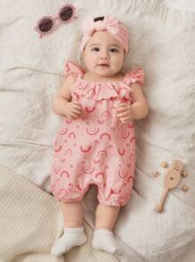 Cozy Pixies Newborn Baby Girls Rainbow Pattern Square Neck Ruffle Hem Sleeveless Romper - Pink - View 5