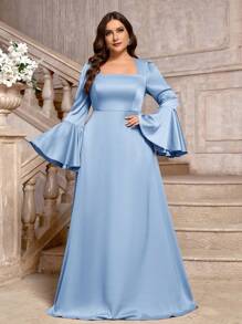 SHEIN Belle Váy phù dâu tay loe màu tím Taro thanh lịch cỡ lớn - Màu xanh nhạt - Xem 6