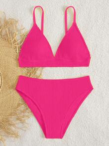 Ensemble de bikini texturé de couleur unie pour jeunes filles, vacances à la plage - Rouge - Voir 5
