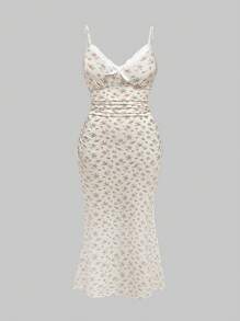 ROMWE Kawaii Váy đuôi cá lãng mạn họa tiết hoa nhỏ xinh dành cho nữ cỡ lớn - Màu be - Xem 1