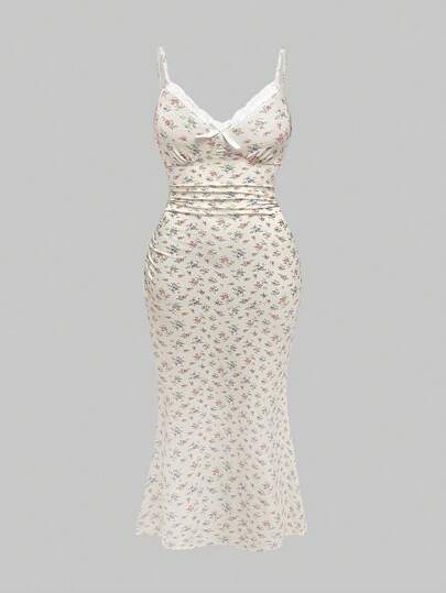 ROMWE Kawaii Plus Size Women's Ditsy Floral Romantic Mermaid Dress