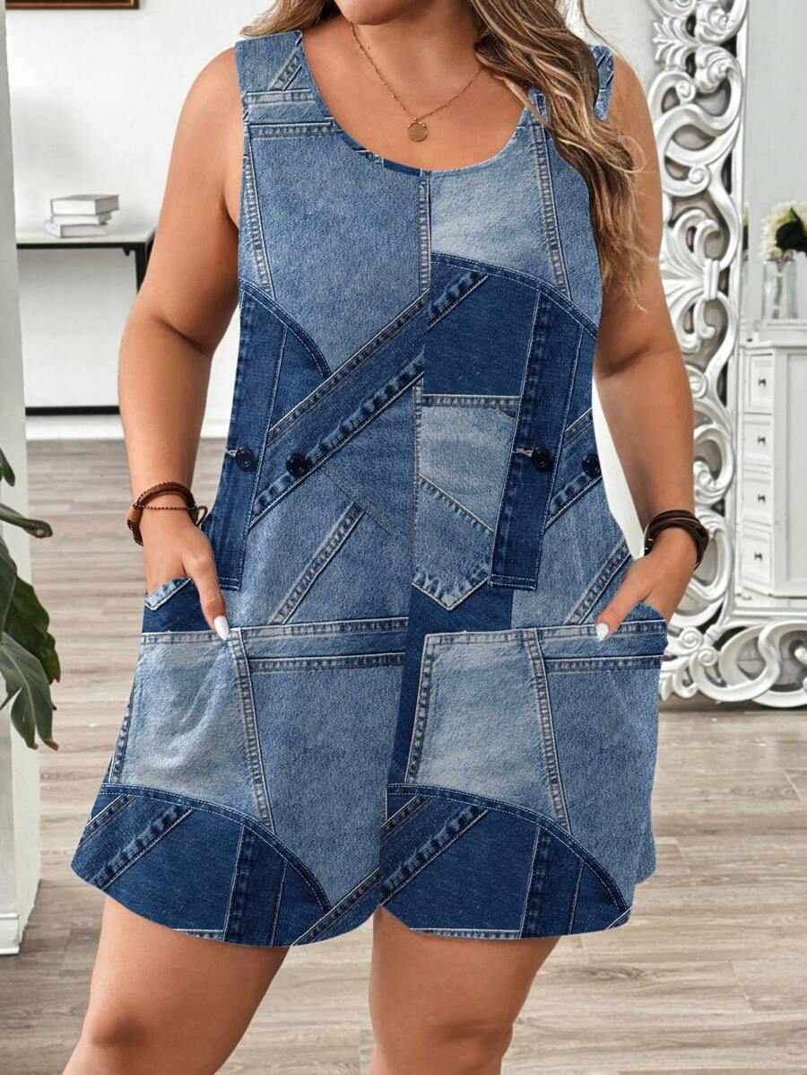 EMERY ROSE Casual Patchwork Print Plus Size Jumpsuit, Suitable For Spring/Summer Outings Suitable For Going Out - Multicolor - View 1