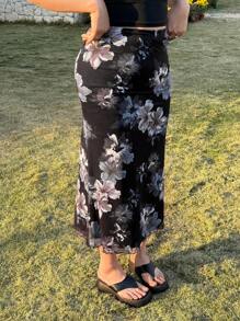 SHEIN EZwear Plus Size Women Digital Printed Floral Pattern Mermaid Hem Skirt - Multicolor - View 3