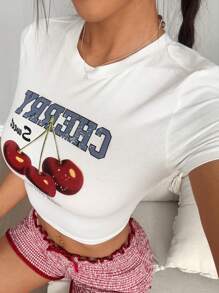 Flirla Camiseta ajustada de mujer de manga corta con cuello redondo y estampado de cerezas, de mezcla de algodón
