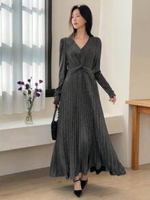 DAZY Deep V-Neck Metallic Long Bodycon Dress,Fall Clothes Long Sleeve Dress Luxury Prom Dress