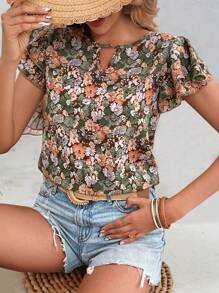 SHEIN VCAY 女式夏季碎花荷叶边领泡泡袖衬衫 - 棕色 - 查看 3