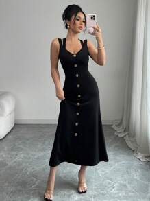 Elenzga Bohemian Style Backless Criss-Cross Strap Mid-Length Sundress - Black - View 5