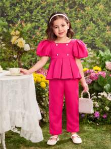2 Pieces Set: Woven Solid Square Neck Puff Sleeve Blouse + Fitted Woven Long Pants, For Young Girl