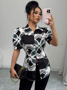 Elenzga 女士2025新款数码印花泡泡袖不对称下摆休闲衬衫（随机印花） - 彩色 - 查看 3