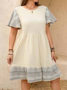 SHEIN LUNE SHEINLUNE Plus Size Women's Dual-Tone Black & White Plaid Ruffle Trim Midi Dress Spring Outfits For Women Summer Outfits For Women Summer Clothes Easter Outfit Women Western Wear Women Cotton - Black and White - View 5