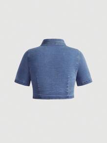 Comfortcana Plus Size Denim Casual Stretchy Short Sleeve Shirt, Blue - Blue - View 2