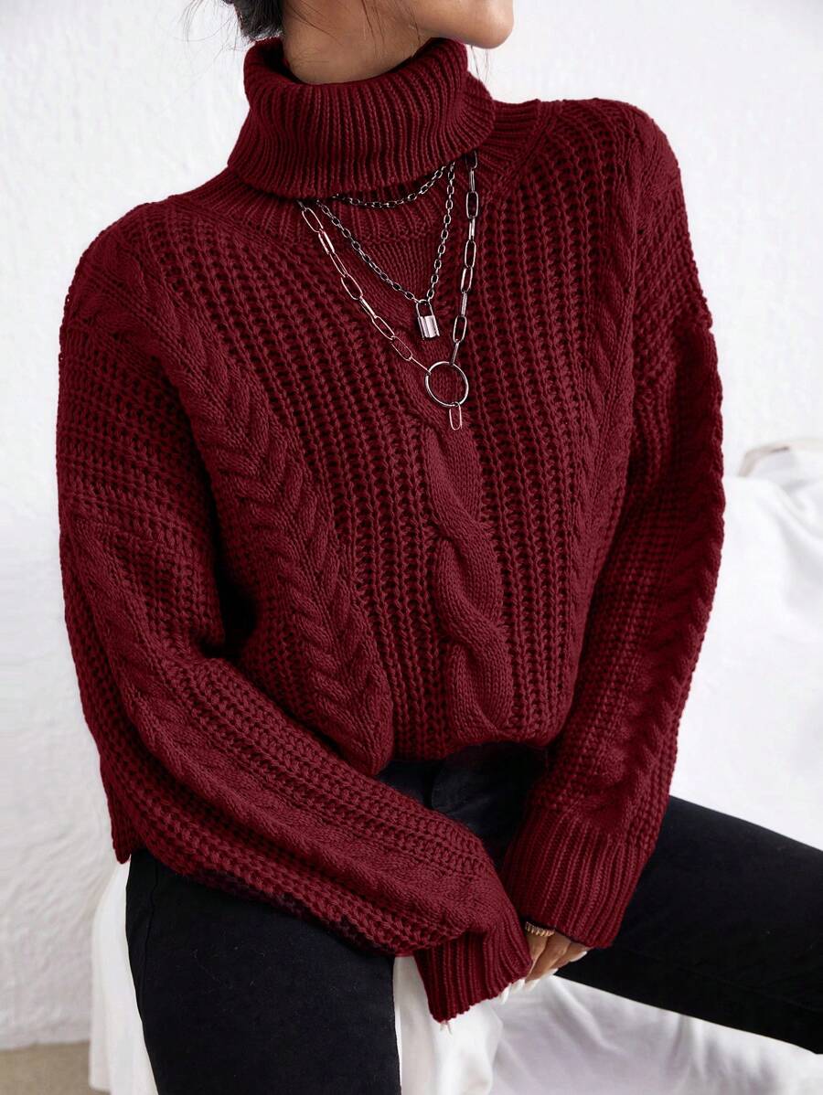 RueChic Turtleneck Cable Knit Drop Shoulder Sweater - Burgundy - View 1