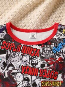 2 件装青少年男童休闲虎头字母印花长裤和短袖贴身家居服套装