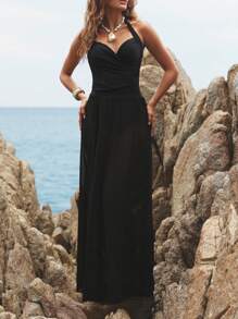 Swim Oasis Spring Break Women Fashion New Solid Color Adjustable Strap Mesh Beach Skirt & Vintage One Piece Swimsuit, Boho Festival Two-Pieces/Set For Summer Beach Vacation - Black - View 3