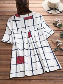EMERY ROSE Plus Size Women's Plaid V-Neck Short Sleeve Loose Casual Blouse Country Spring For Women Summer For Women - Multicolor - View 2