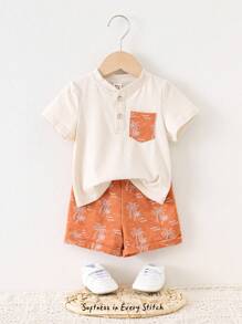 Cozy Pixies 男婴花卉印花撞色针织柔软圆领短袖上衣和松紧腰短裤 2 件套 - 彩色 - 查看 7