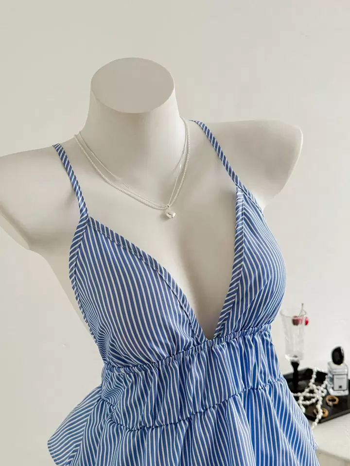 Elamini Casual Striped Backless Halter Top, Summer